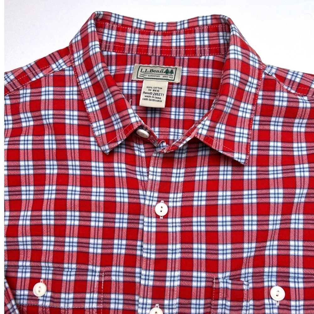 LL Bean Men Button Up Plaid Flannel Shirt Red White Size M Cotton Casual Classic